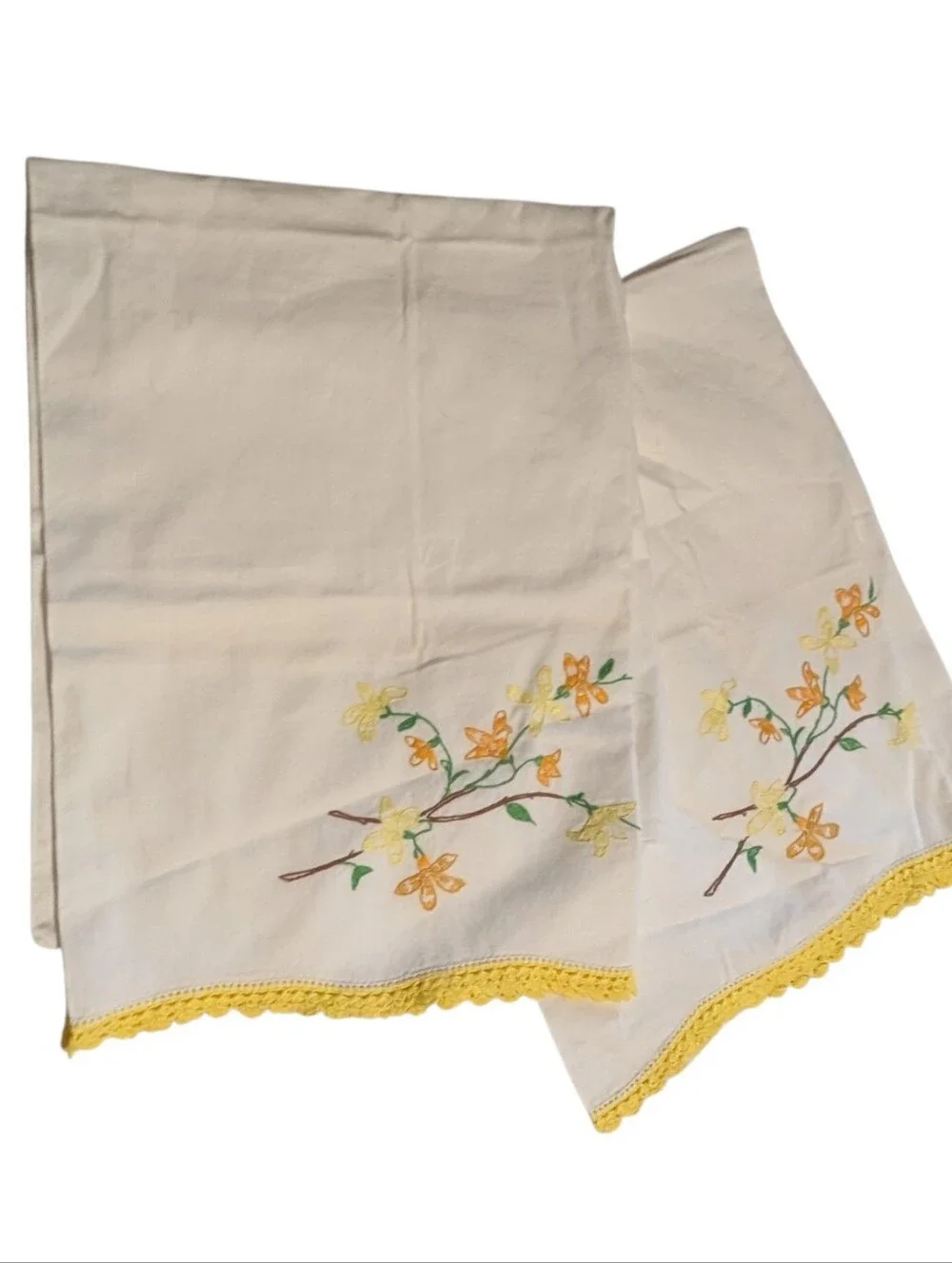 Vintage Hand Embroidered Pillowcase Set Lot of 2 Yellow Floral Crochet Edge